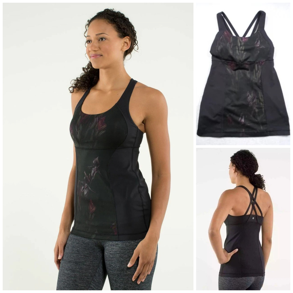 Lululemon‎ Energy Tank Size 8 Black Midnight Iris floral Criss-cross Straps Nice